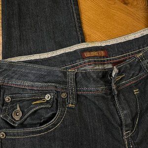 low rise y2k skinny jeans darkwash distressed faded embellished buttons